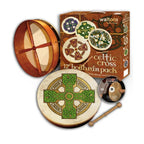 Waltons Cloghan Cross Print Bodhran Pack with 12-inch hand percussion instrument and accessories, featuring traditional Irish design.