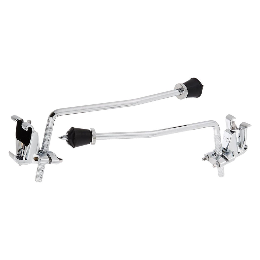 DW DWSM2224 clamp-on bass drum spurs, drum hardware accessories, shown attached to a bass drum for stability and support.