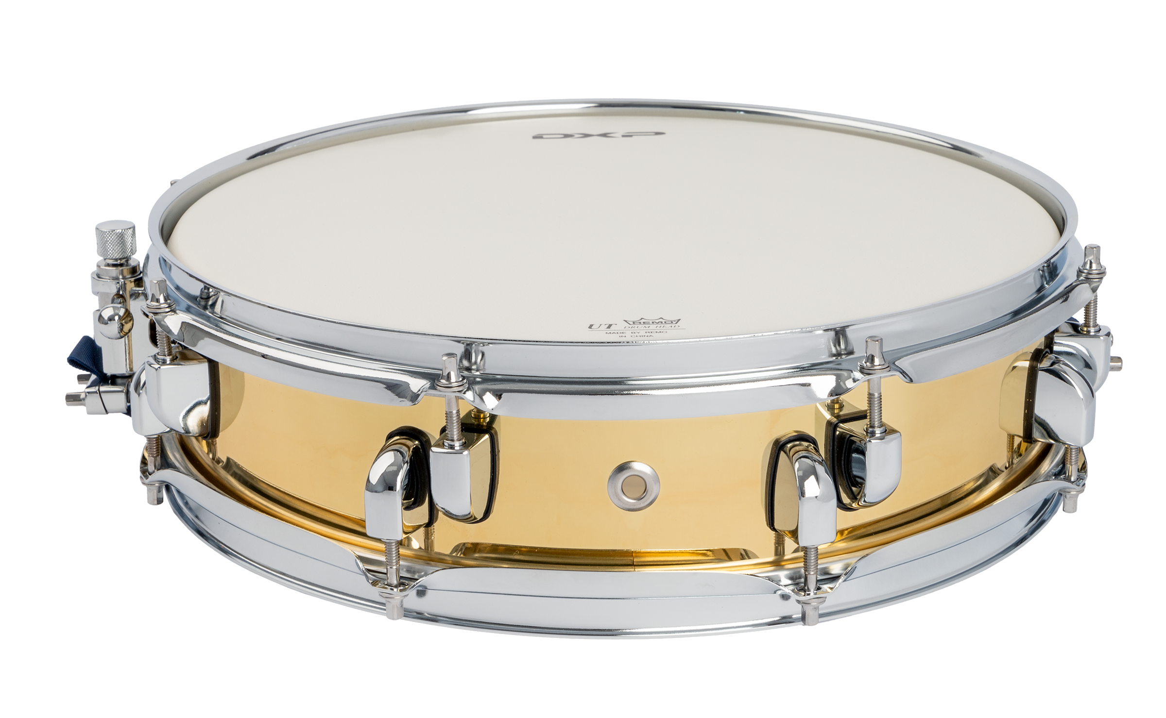Dxp Piccolo snare drum in brass with drum hardware and fittings, showcasing its compact size and metallic finish.