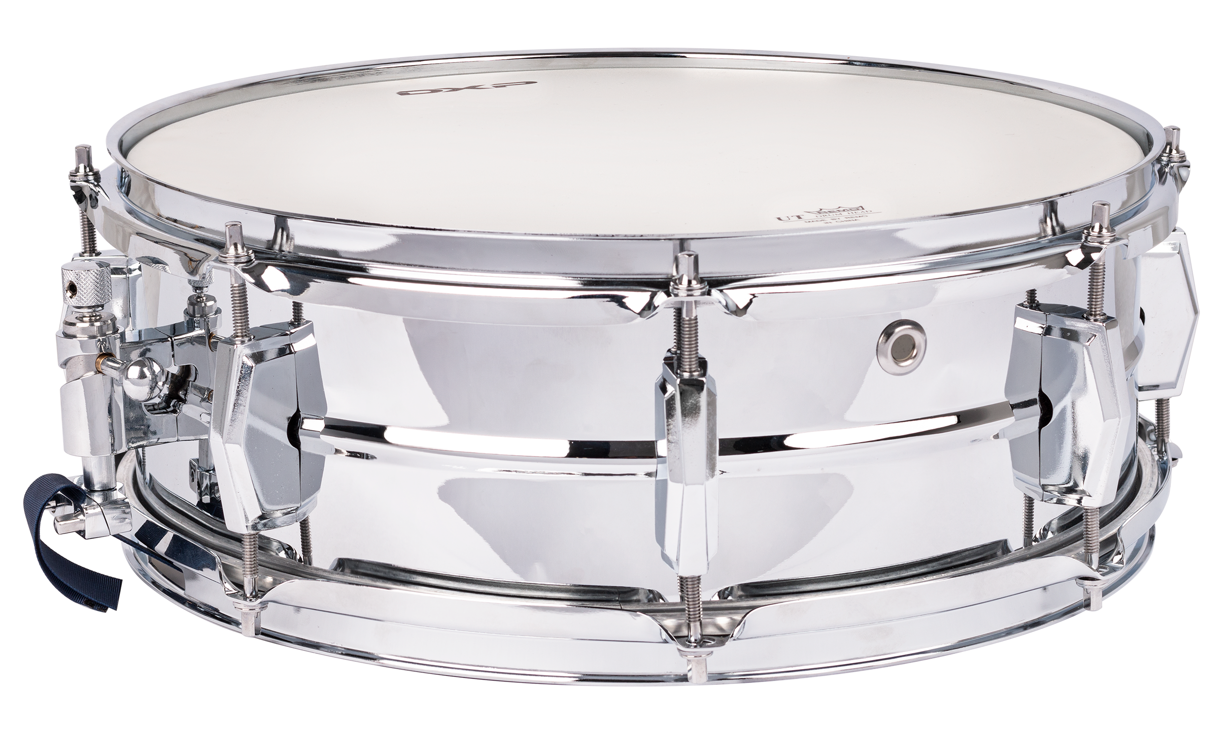 DXP 14-inch steel snare drum with 8 lugs, showcasing the drum's metallic surface and hardware details, ideal for percussionists.