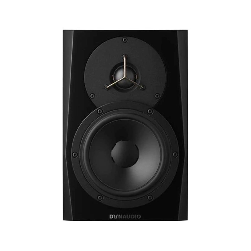 Dynaudio LYD 5 black 5-inch nearfield studio monitor showing front view with speaker grille and control panel.
