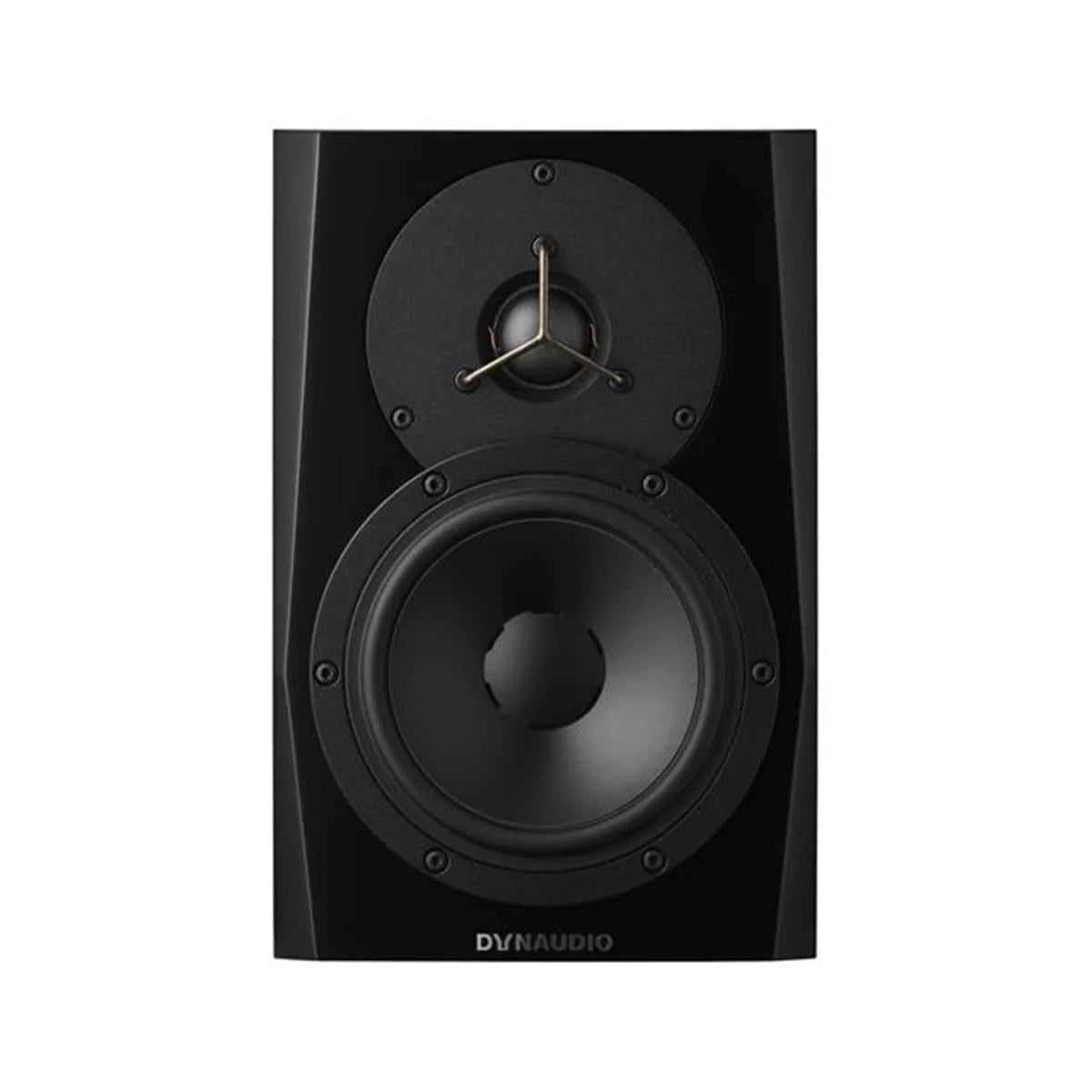 Dynaudio LYD 5 black 5-inch nearfield studio monitor showing front view with speaker grille and control panel.