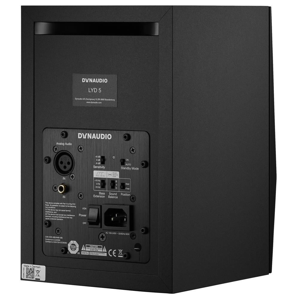 Dynaudio LYD 5 black 5-inch nearfield studio monitor showing the front grille and control panel for professional audio monitoring.