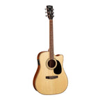Cort AD880CE NS dreadnought cutaway acoustic guitar in satin natural finish with gig bag, showcasing the guitar's body and neck.