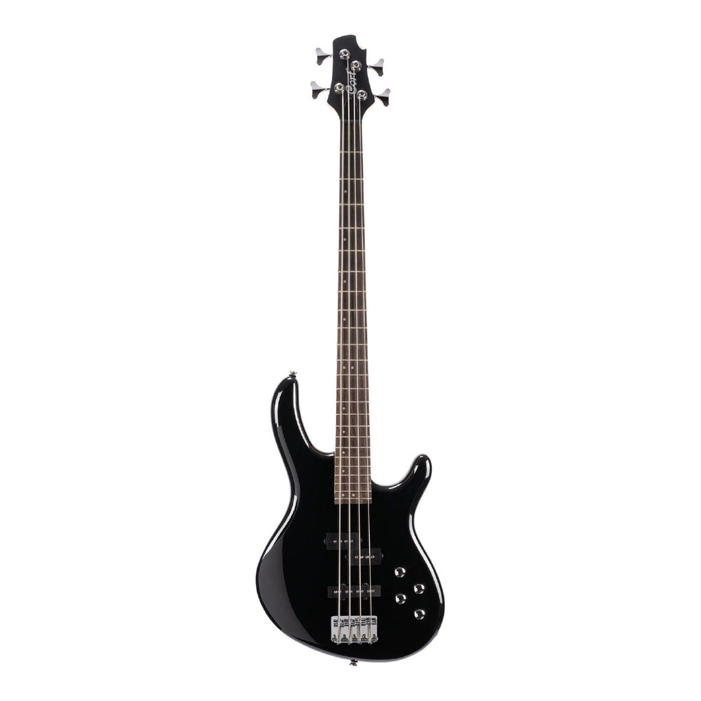 Cort Action Plus 4-string bass guitar in glossy black with a sleek body and four strings, displayed on a stand.