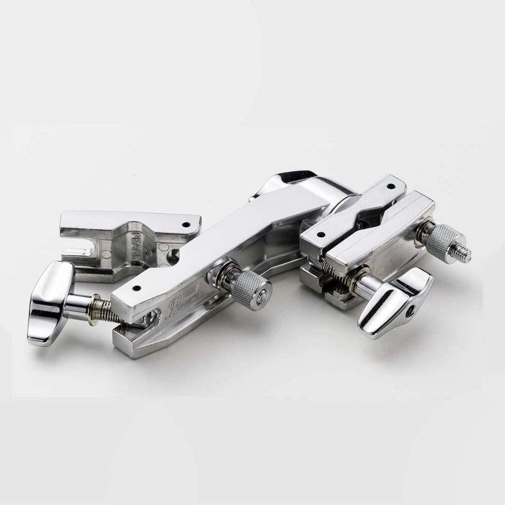 Pearl AX-28 Multi-Clamp Adapter with two holes for drum hardware and accessories, black metal finish, mounted on drum stand.
