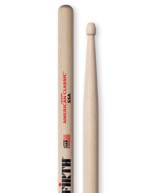 Vic Firth American Classic 55A wood tip drumsticks on a drum set, showing their smooth wooden surface and tapered design.