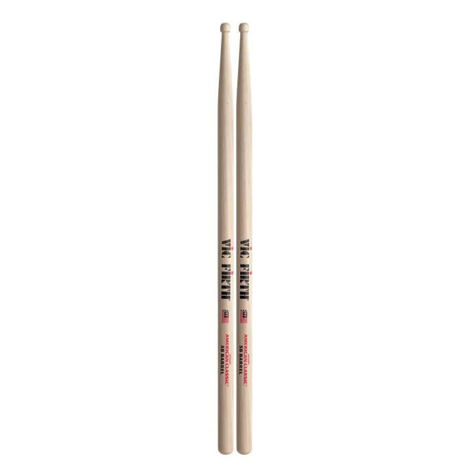 Vic Firth American Classic 5A drumsticks with barrel tips shown, made for drumming and percussion playing.