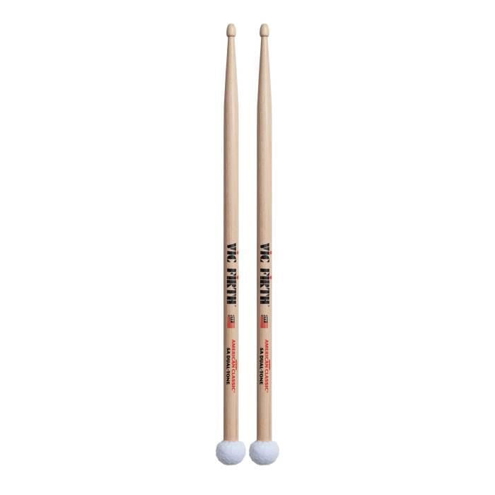 Vic Firth American Classic 5A dual-tone wood tip and felt drumsticks, showing both wooden tips and felt ends for versatile drumming.