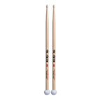 Vic Firth American Classic 5A dual-tone wood tip and felt drumsticks, showing both wooden tips and felt ends for versatile drumming.