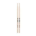 Vic Firth American Classic 5B double glaze wood tip drumsticks with a double coat lacquer finish, used for drumming.
