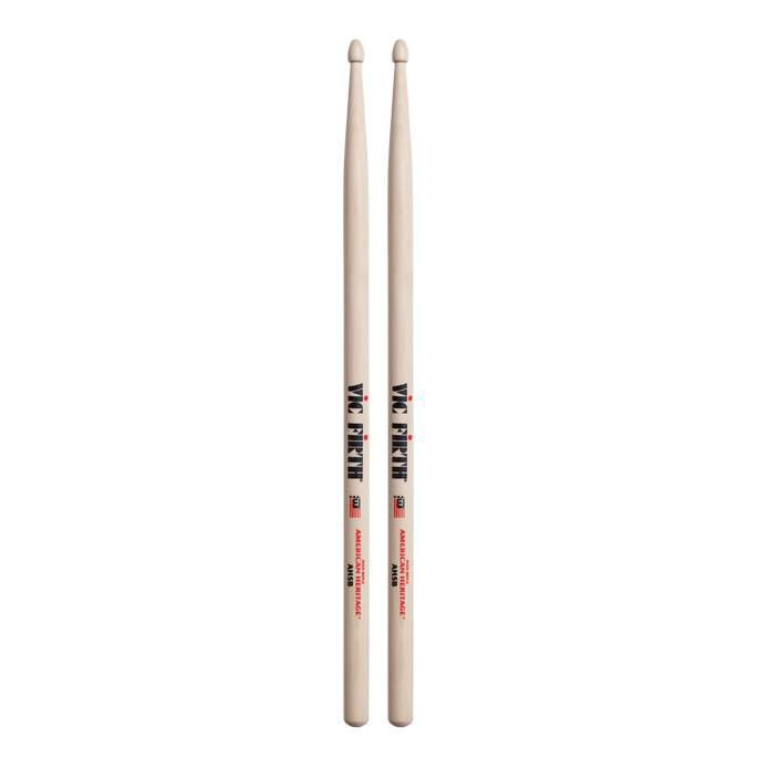 Vic Firth American Heritage 5B wood tip drumsticks, showing the natural wood finish and tapered design for drumming.