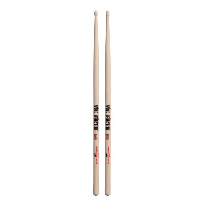 Vic Firth American Jazz 4 wood tip drumsticks with natural wood finish, designed for jazz drumming and versatile percussion play.