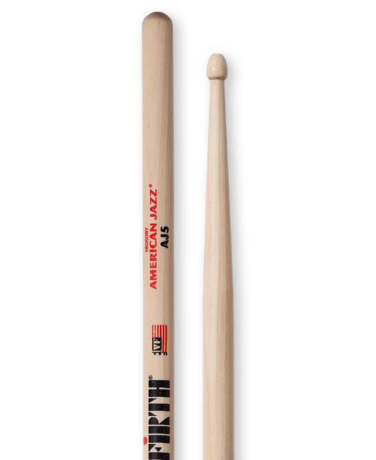 Vic Firth American Jazz AJ5 wood tip drumsticks, standard length with natural wood finish, designed for jazz drumming.