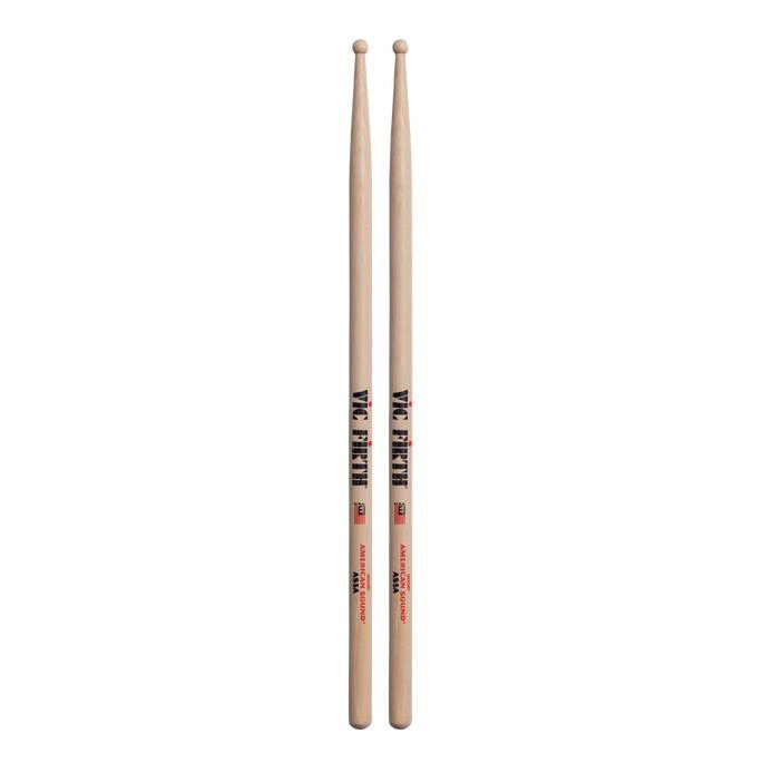 Vic Firth American Sound 5A wood tip drumsticks, lightweight sticks for drumming, showing their natural wood finish and tapered tips.