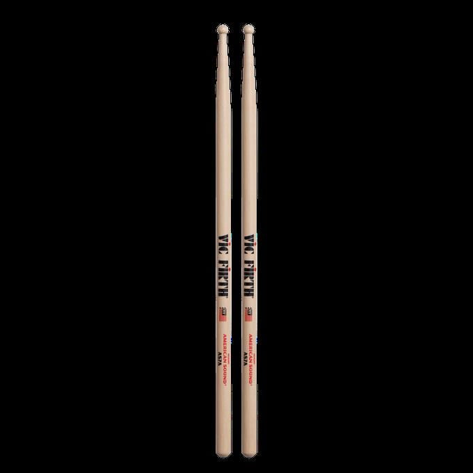 Vic Firth American Sound 7A wood tip drumsticks, standard size sticks with natural wood finish, used for drumming performances