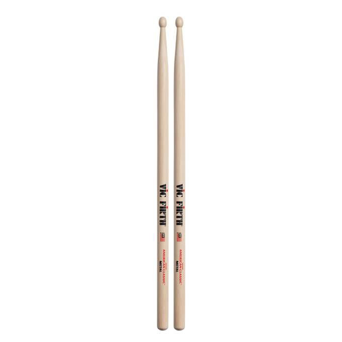 Vic Firth American Classic Metal Wood Tip Drumsticks laid out, showcasing their sturdy design and natural wood tips for drumming.