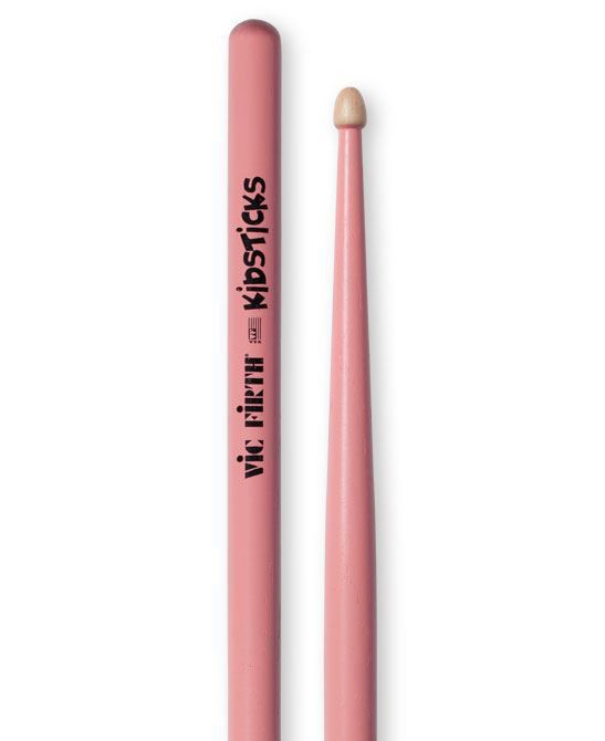 Vic Firth American Classic Kidsticks pink drumsticks, lightweight sticks designed for young drummers, with a smooth finish and grip.