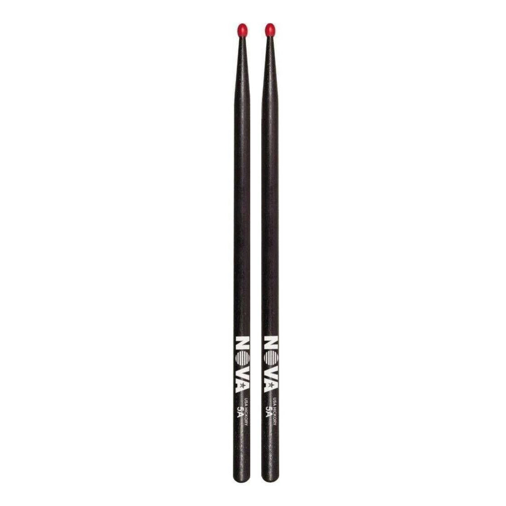 Vic Firth 5AN black nylon tip drumsticks with NOVA imprint, showing the sticks resting on a drum surface.