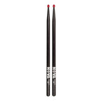 Vic Firth 5AN black nylon tip drumsticks with NOVA imprint, showing the sticks resting on a drum surface.