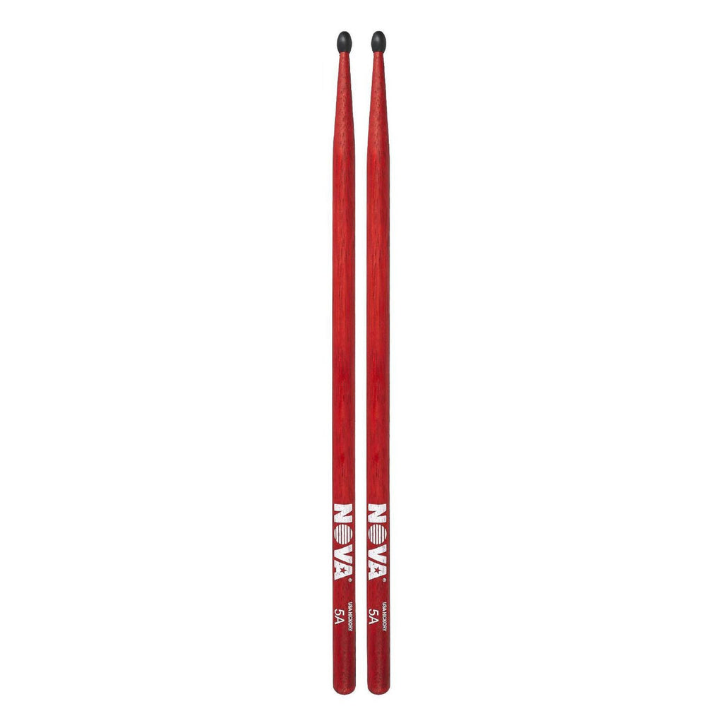 Vic Firth 5AN nylon tip drumsticks in red with NOVA imprint, showing the sticks with red handles and brand markings.