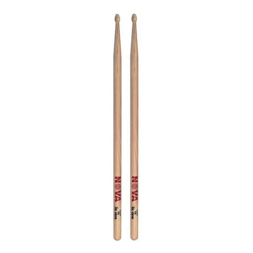 Vic Firth Nova 5A wooden tip drumsticks shown, featuring a lightweight design ideal for versatile drumming performances.