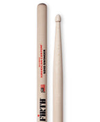 Vic Firth American Custom SD10 Swinger wood tip maple drumsticks displayed on a music stand