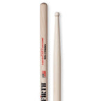 Vic Firth American Custom SD4 maple drumsticks with wood tips, designed for drummers, showing the sticks placed on a drum set.