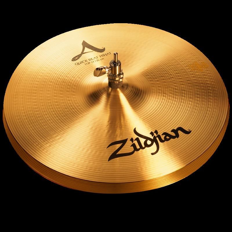 Pair of Zildjian A 14-inch Quick Beat Hi-Hat Cymbals, showing shiny, textured metal surfaces with sound holes for drumming.
