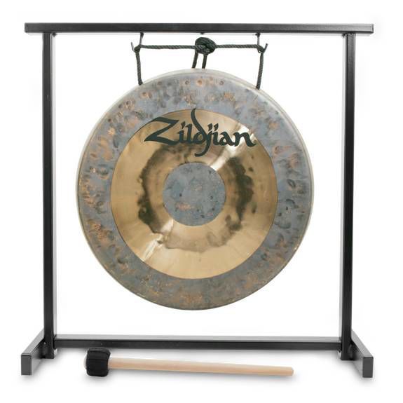 Zildjian 12-inch traditional gong on stand, showcasing a large bronze cymbal with a textured surface and sturdy metal frame.