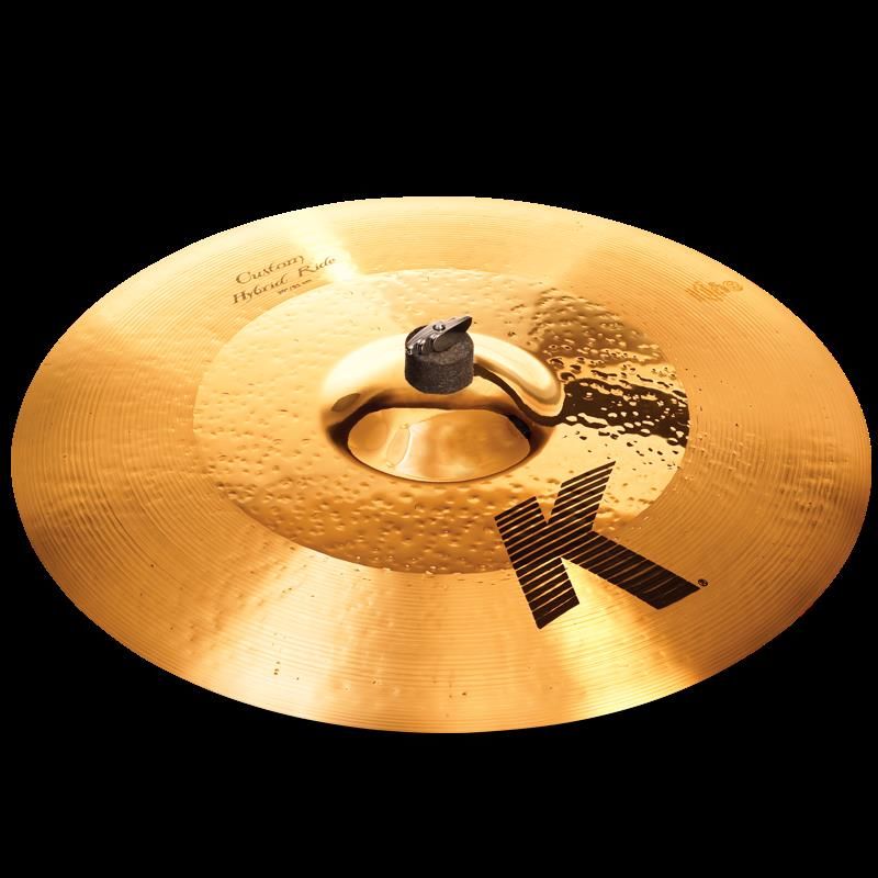 Zildjian K Custom 20-inch Hybrid Ride Cymbal with detailed surface finish and size visible, designed for professional drumming.