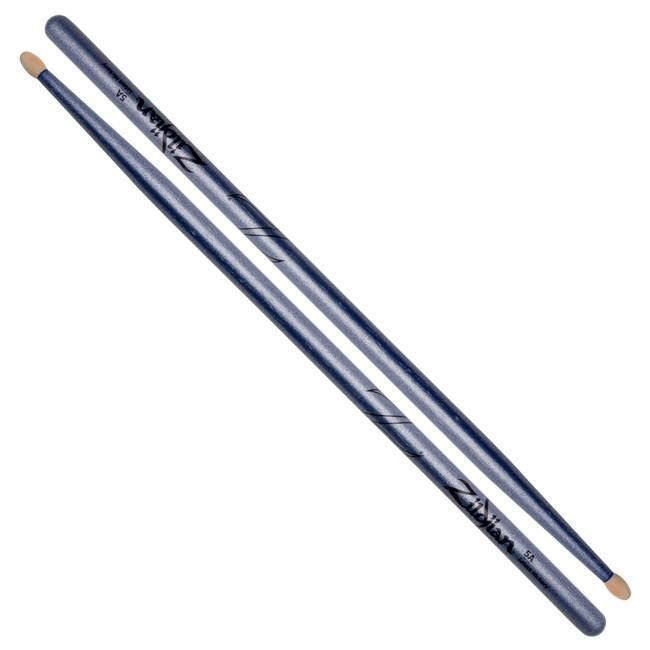 Pair of Zildjian 5A Chrome Blue drumsticks with polished finish, designed for drumming and percussion playing.