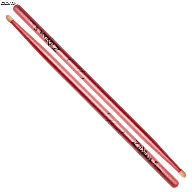 Zildjian 5A chrome pink drumsticks with wooden tips, perfect for drumming and percussion playing.