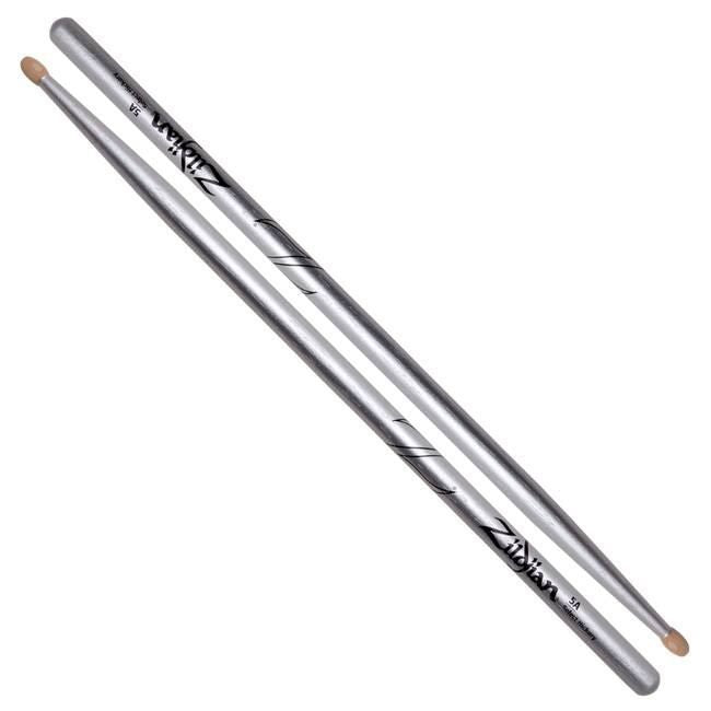 Zildjian 5A Chrome Silver Drumsticks resting on a drum kit, showcasing their shiny metallic finish and smooth wood tips.