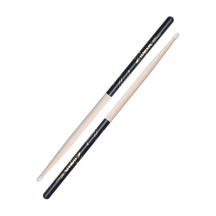 Zildjian Hickory 5A Nylon DIP drumsticks with black tips, showing a pair of lightweight, balanced drumsticks for percussion playing.