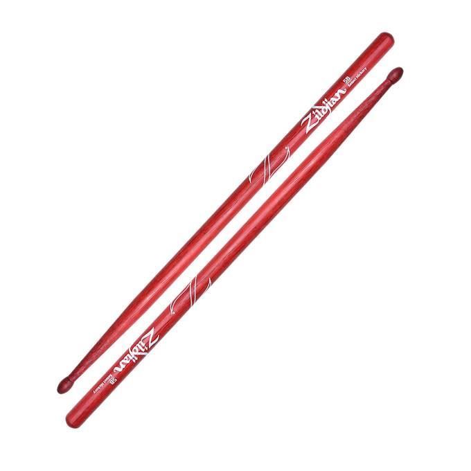Zildjian Hickory 5A drumsticks with red handle, showing the length and grip details for drumming and percussion playing.