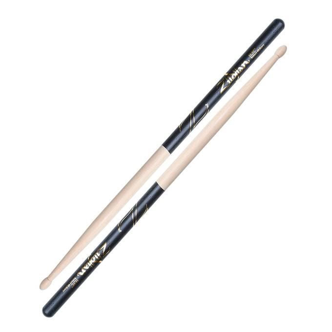 Zildjian Hickory 5B DIP drumsticks with black tips, suitable for drumming and percussion playing.