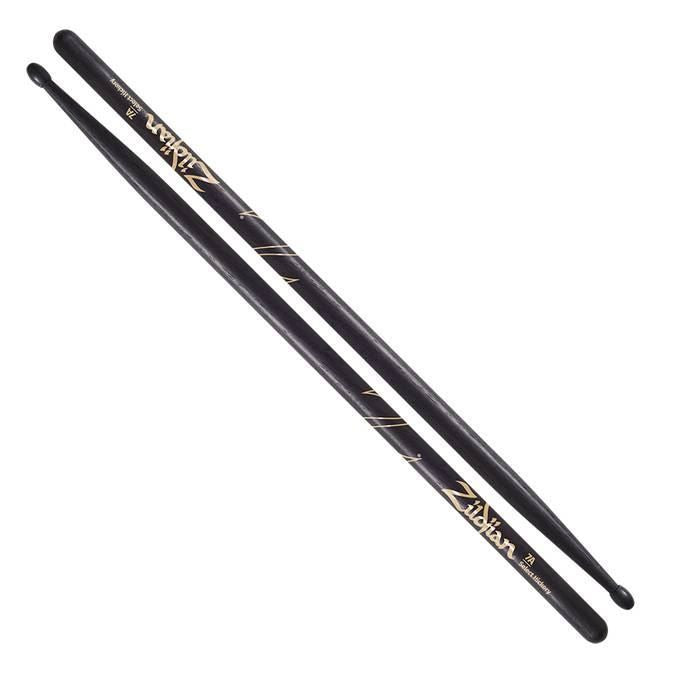 Zildjian Hickory 7A nylon black drumsticks with tapered tips for versatile percussion playing.