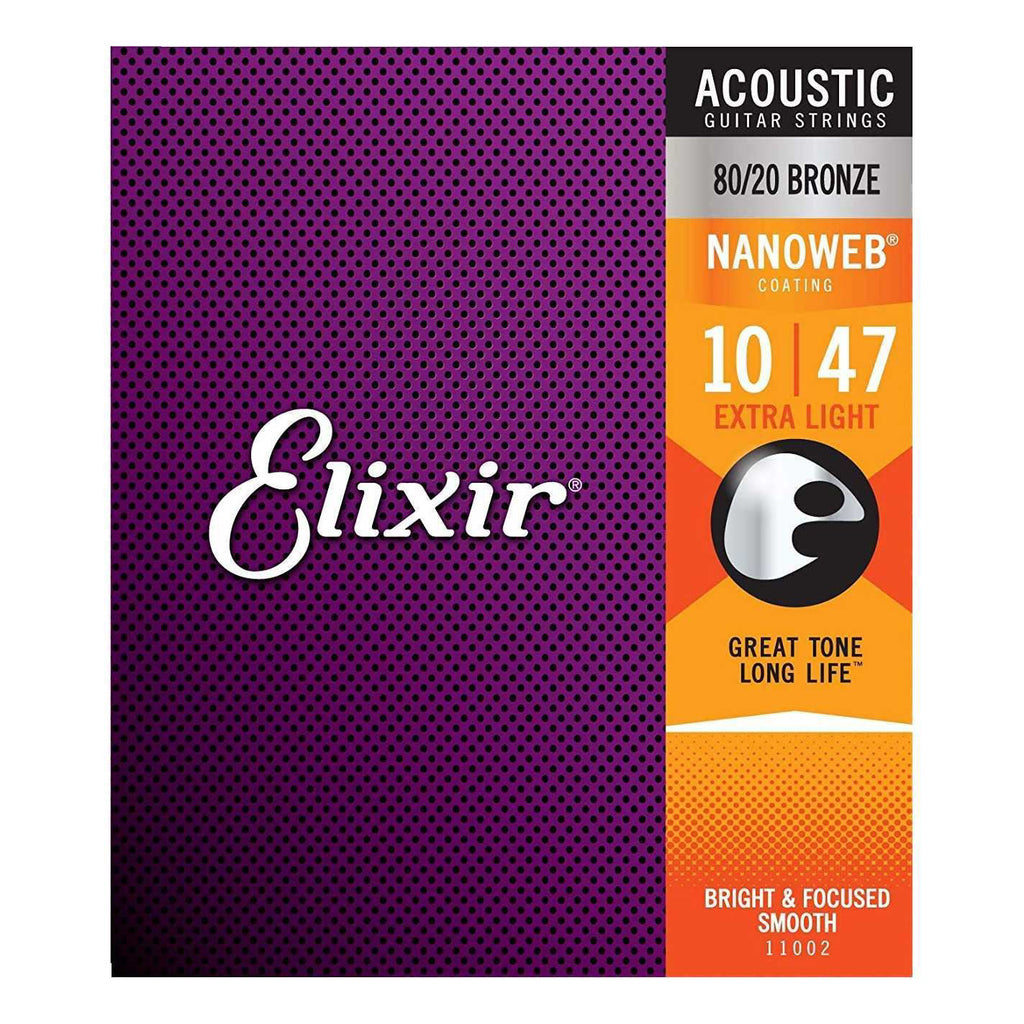 Elixir 11002 10-47 Extra Light Nanoweb acoustic guitar strings on a guitar, showcasing their smooth coating and packaging.