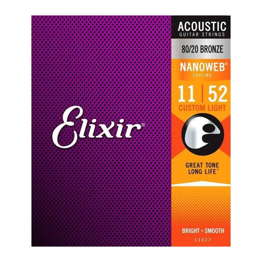 Elixir acoustic guitar strings E11027 with 80/20 NANOWEB coating, custom light gauge, shown on a guitar.