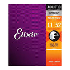 Elixir acoustic guitar strings E11027 with 80/20 NANOWEB coating, custom light gauge, shown on a guitar.
