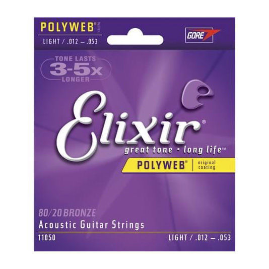 Elixir Acoustic Guitar Strings Elixir 12-53 Light Gauge POLYWEB 80/20 Coated strings on a guitar