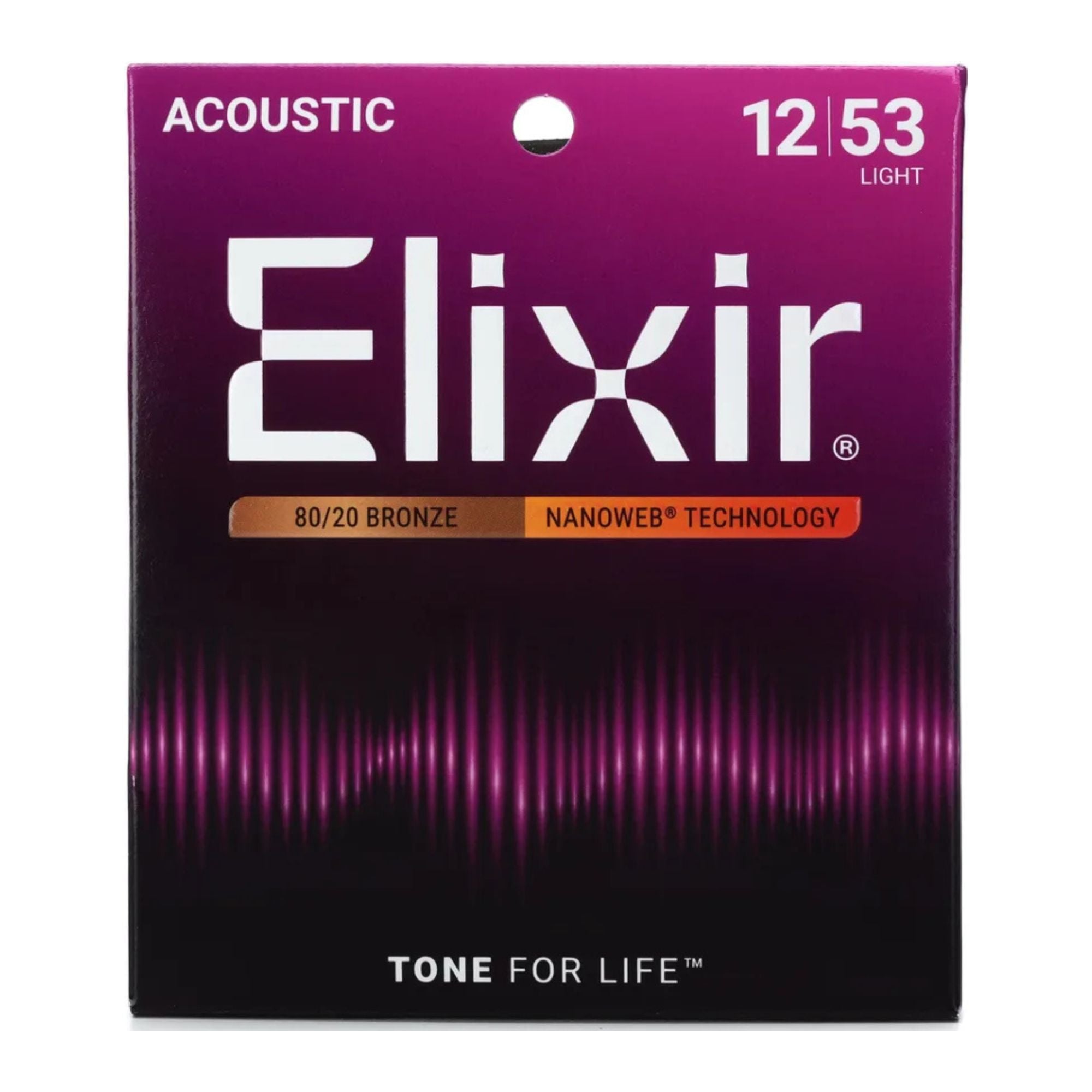 Elixir acoustic guitar strings with NANOWEB coating, light gauge 12-53, showcasing the wrapped string ends and packaging.