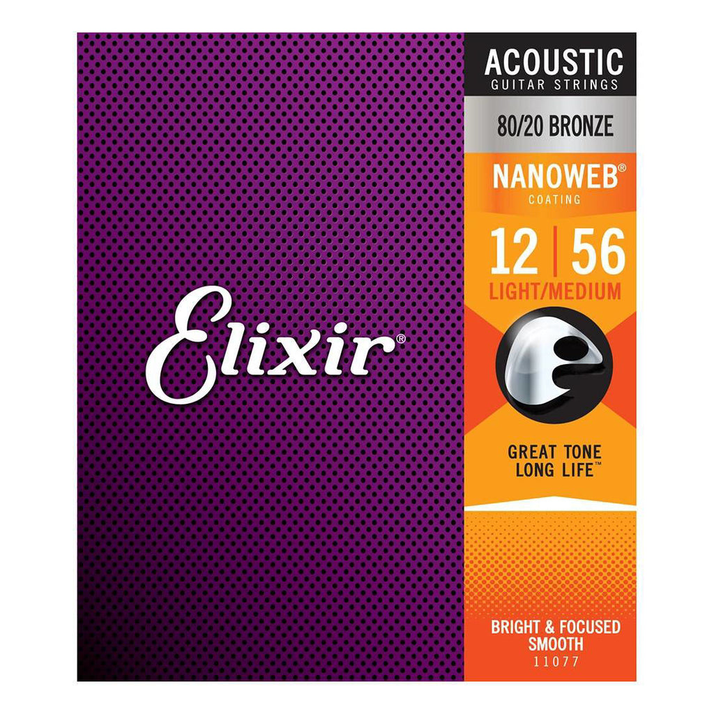 Elixir 11077 12-56 Light/Medium Nanoweb acoustic guitar strings, brand Elixir, showing the string packaging and guitar strings.