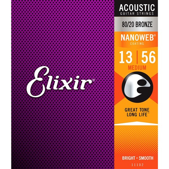 Elixir 11102 Medium Nanoweb acoustic guitar strings, 13-56 gauge, with visible packaging and branding on the strings.