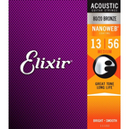 Elixir 11102 Medium Nanoweb acoustic guitar strings, 13-56 gauge, with visible packaging and branding on the strings.