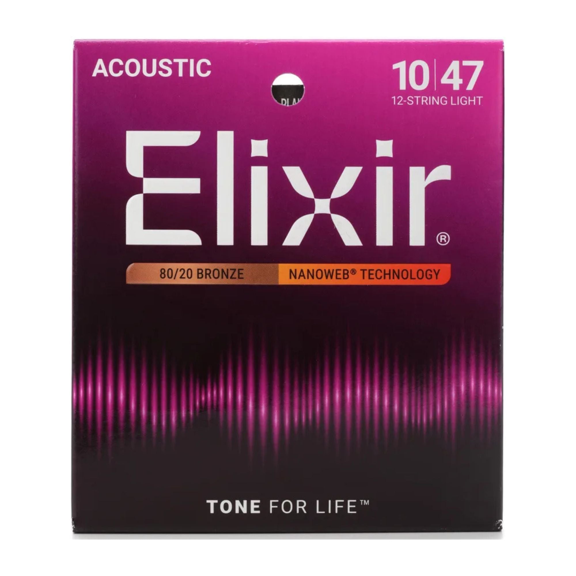 Elixir 11152 Light Nanoweb 12-string acoustic guitar strings, showing packaging and close-up of the strings' texture and branding.