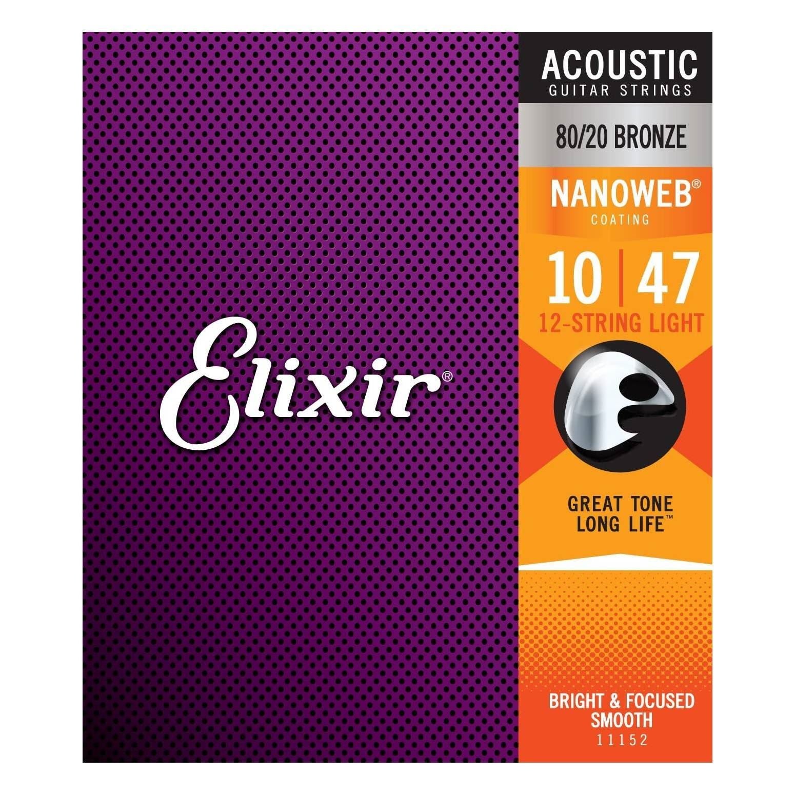 Elixir 11152 10-47 Light Nanoweb 12 String Acoustic Guitar Strings