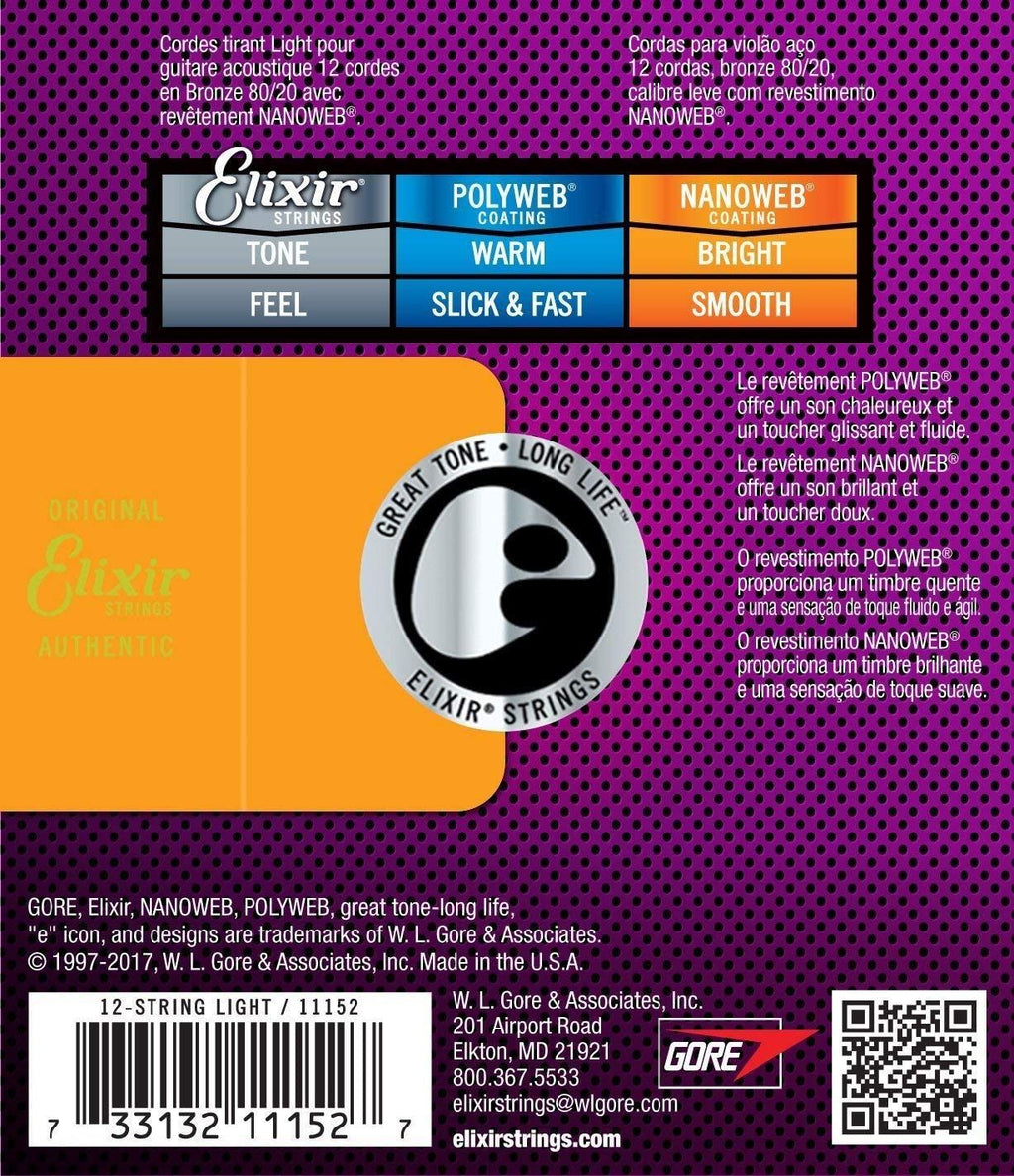 Elixir 11152 10-47 Light Nanoweb 12-string acoustic guitar strings on a guitar, showcasing their clear coating and packaging.