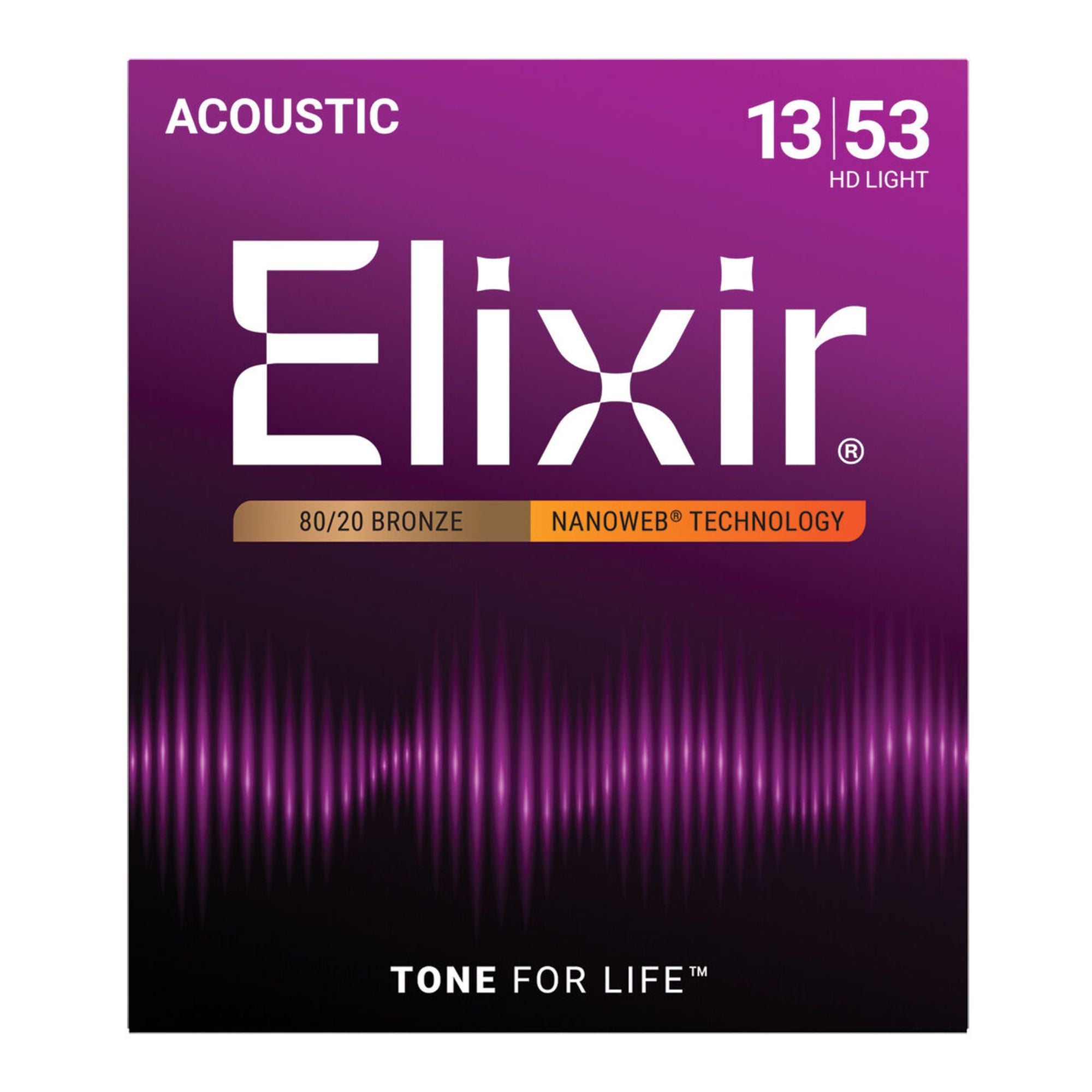 Elixir Nanoweb 80/20 HD Lite acoustic guitar strings set with 13-53 gauge on a guitar.
